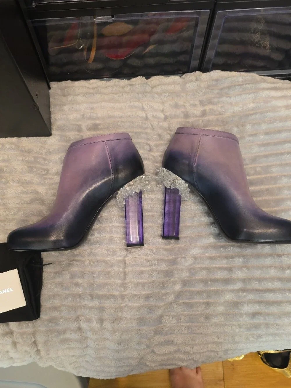 CHANEL Ombre Purple-to-Blue Leather Ankle Boots with CRYSTAL Sculpted Heel
